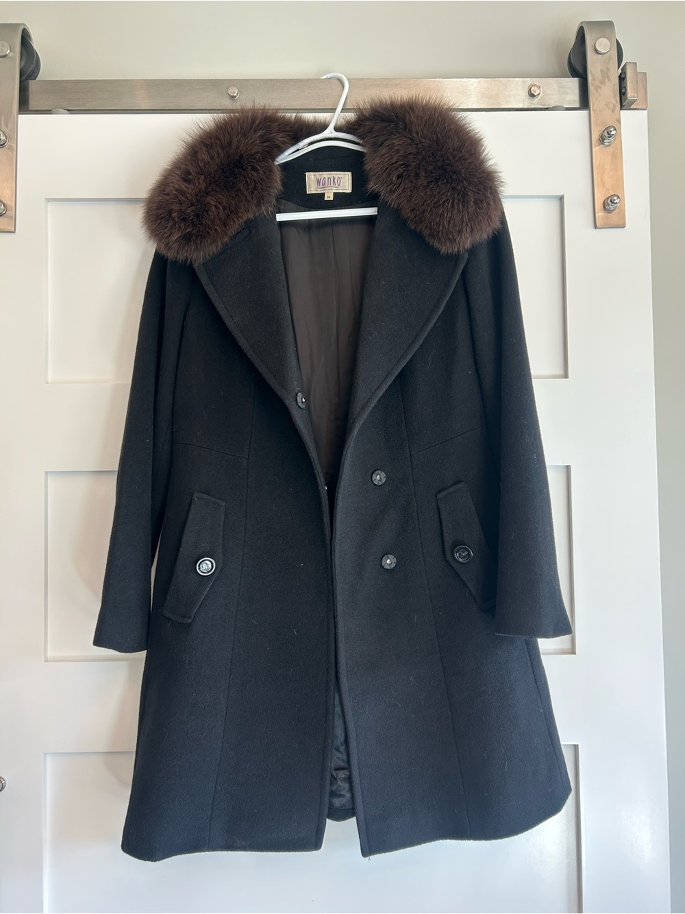 Vans Black Wool Trench Coat with Brown Fur Collar